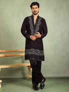 Luxe Men's Velvet Fabric Zari Embroidered with Beads & Sequin Work Kurta with Trouser Set - Wine