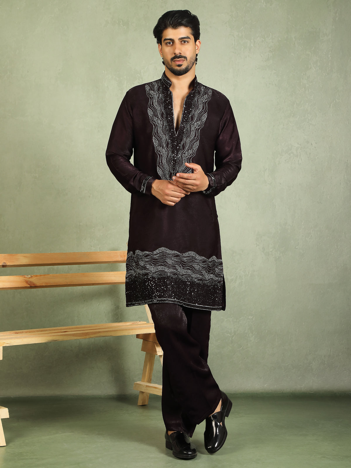 Luxe Men's Velvet Fabric Zari Embroidered with Beads & Sequin Work Kurta with Trouser Set - Wine
