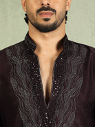 Luxe Men's Velvet Fabric Zari Embroidered with Beads & Sequin Work Kurta with Trouser Set - Wine