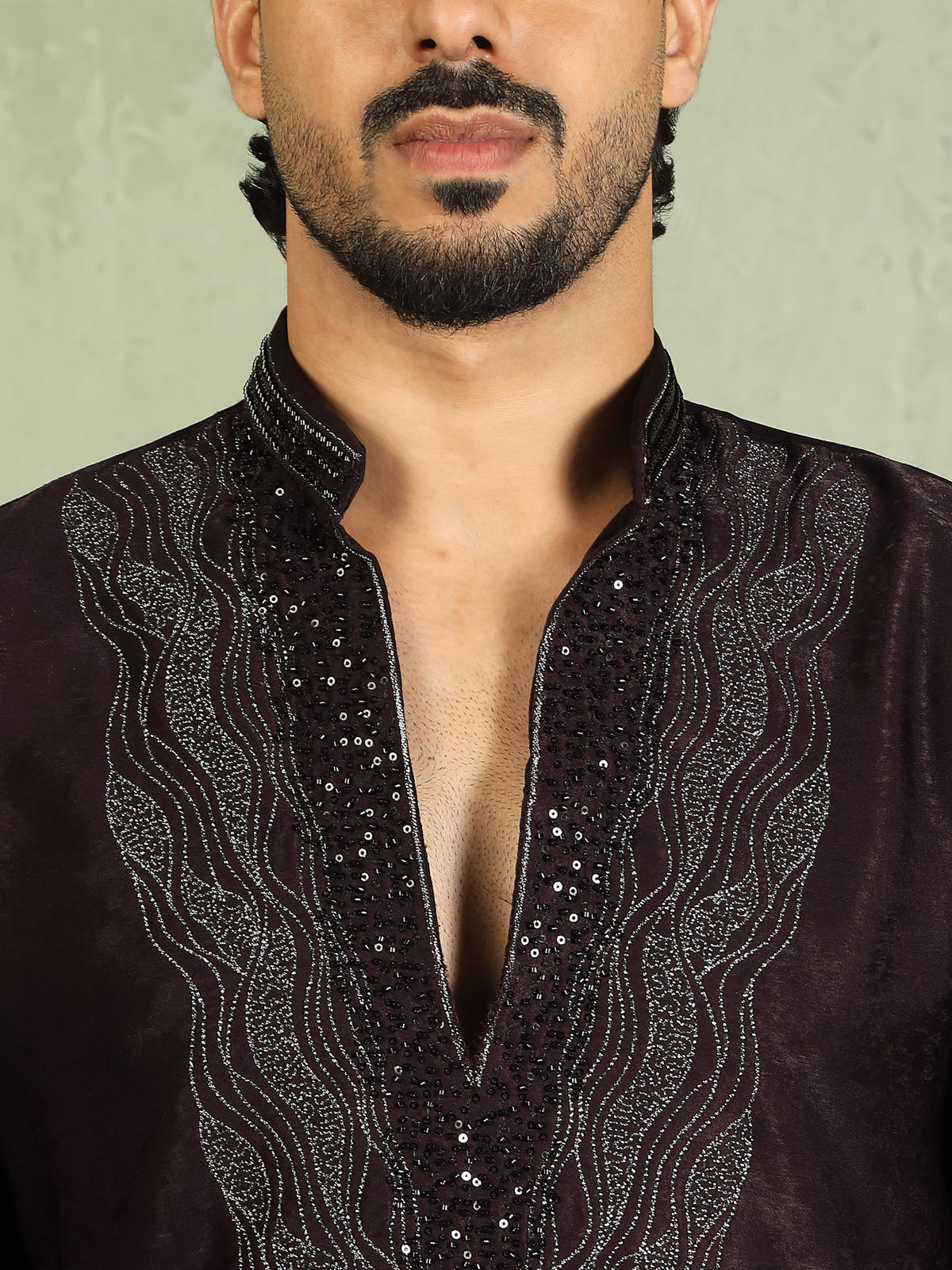 Luxe Men's Velvet Fabric Zari Embroidered with Beads & Sequin Work Kurta with Trouser Set - Wine