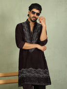 Luxe Men's Velvet Fabric Zari Embroidered with Beads & Sequin Work Kurta with Trouser Set - Wine
