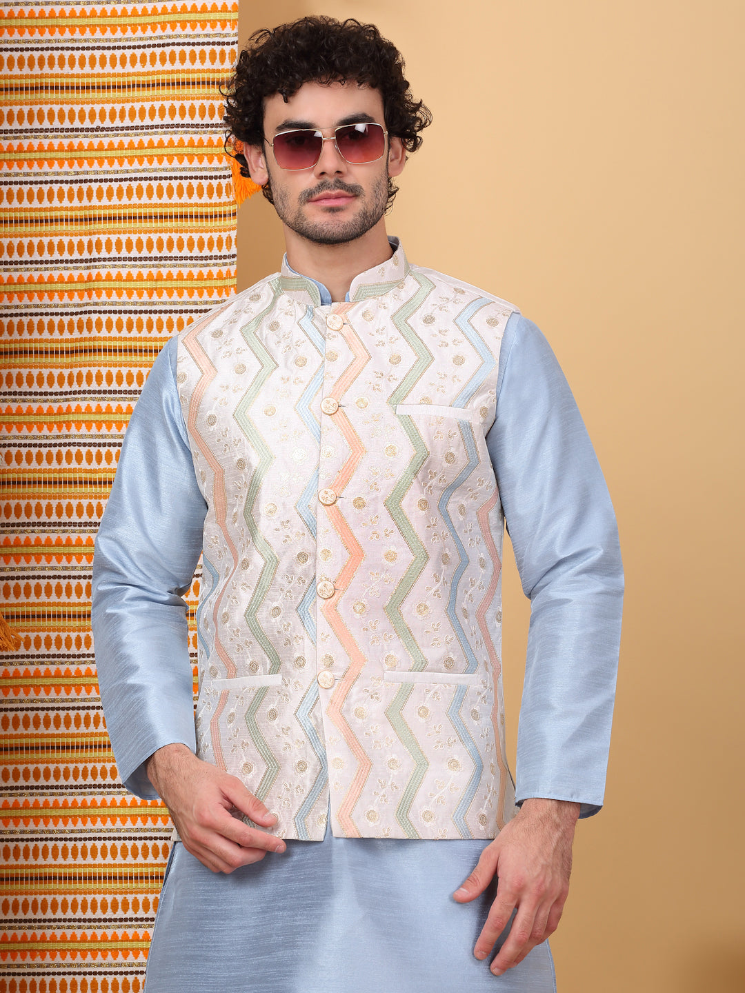 LUXE- Silk Blend Cream Chevron Embroidered Sleeveless Nehru Jacket