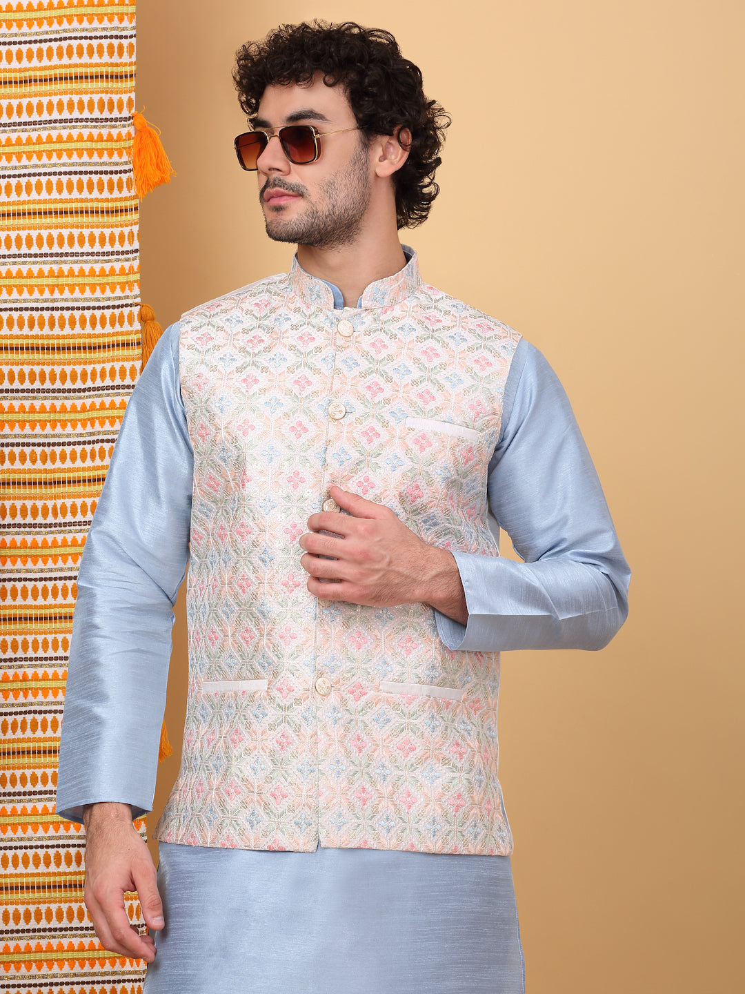 LUXE- Silk Blend Cream Floral Embroidered Sleeveless Nehru Jacket