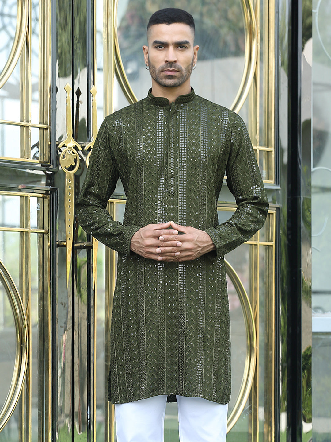 Silk Rayon Ethnic Motifs Embroidered Mandarin Collar Sequinned Kurta