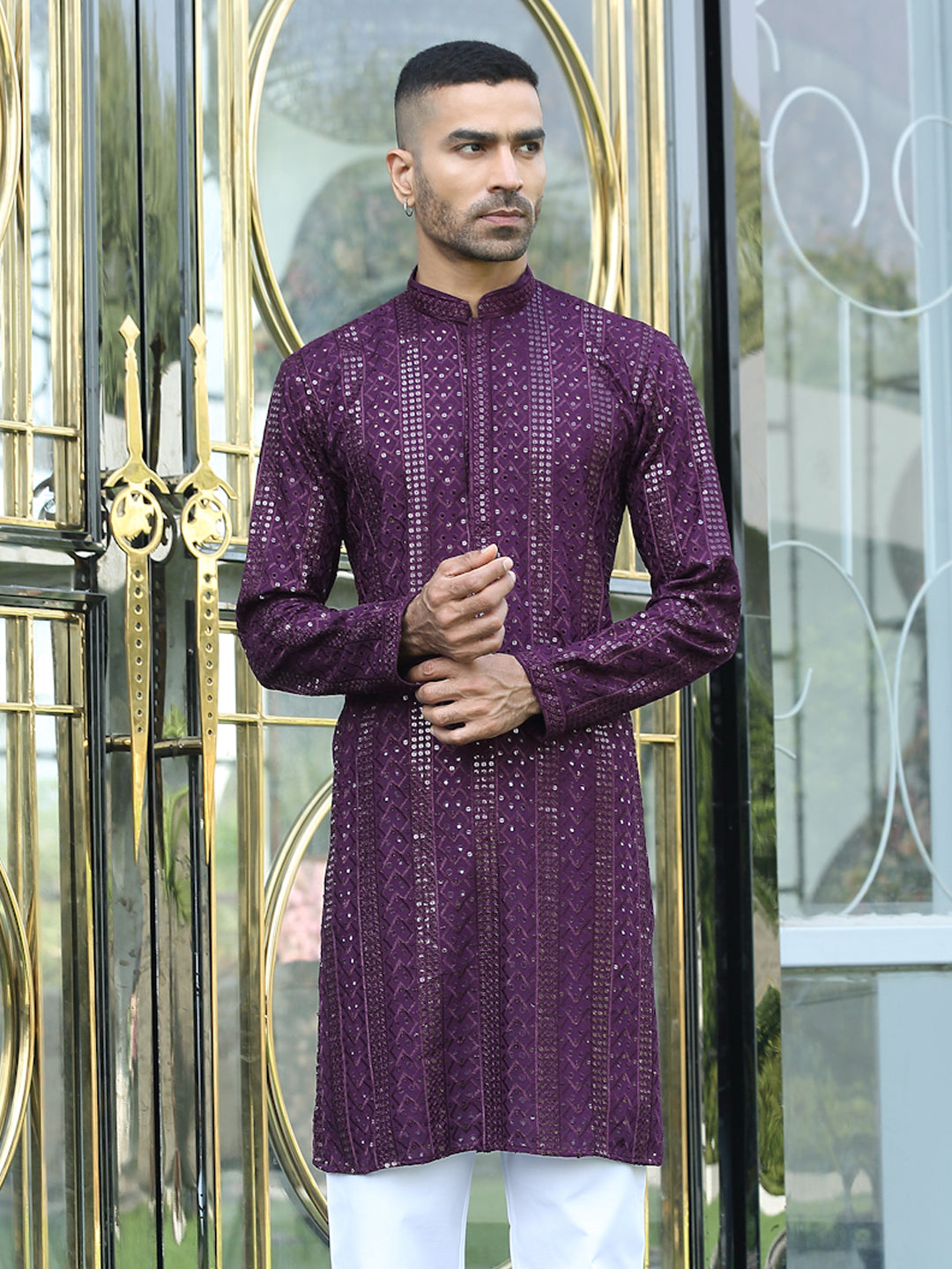 Silk Rayon Ethnic Motifs Embroidered Mandarin Collar Sequinned Kurta