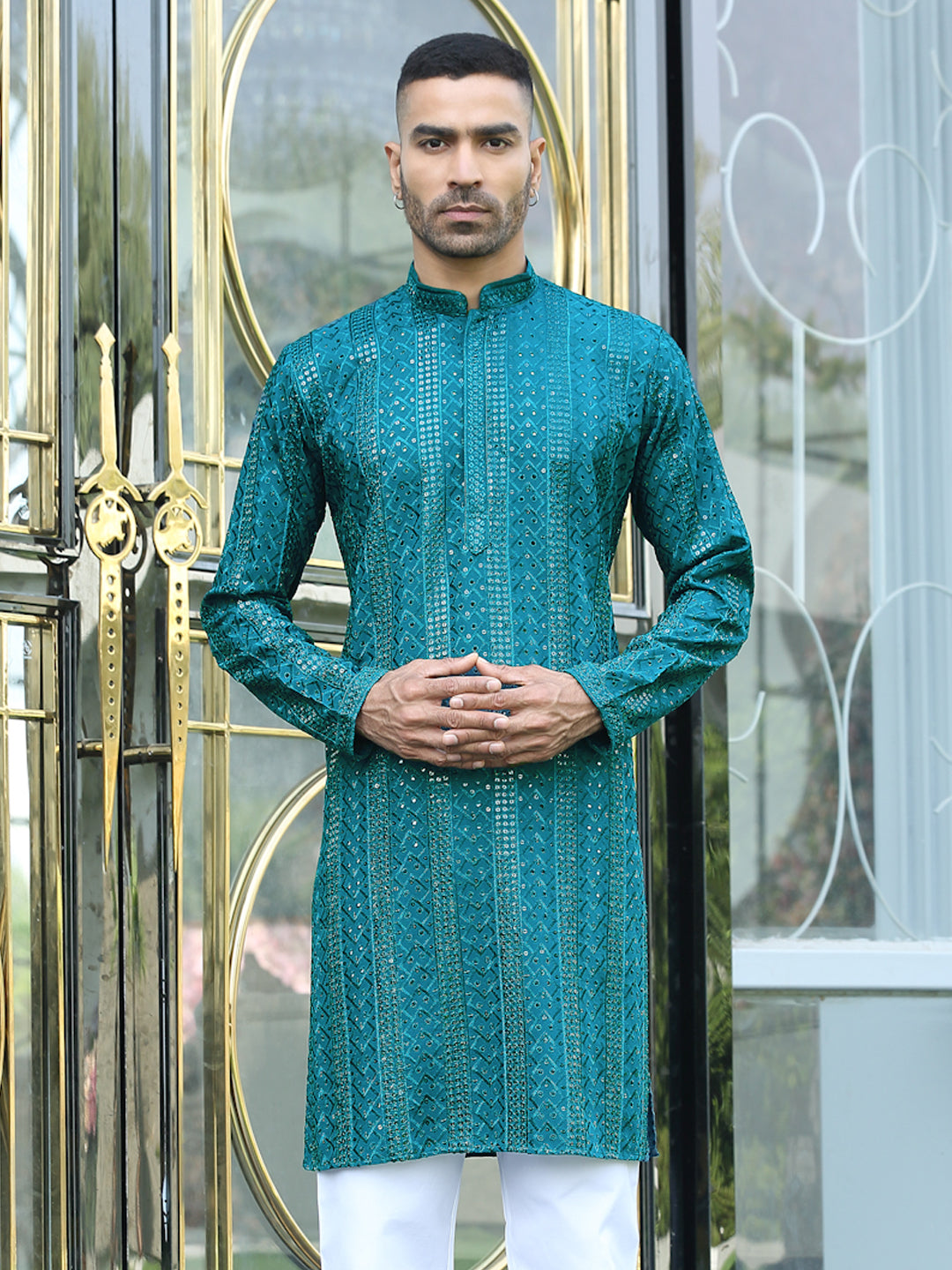 Silk Rayon Ethnic Motifs Embroidered Mandarin Collar Sequinned Kurta