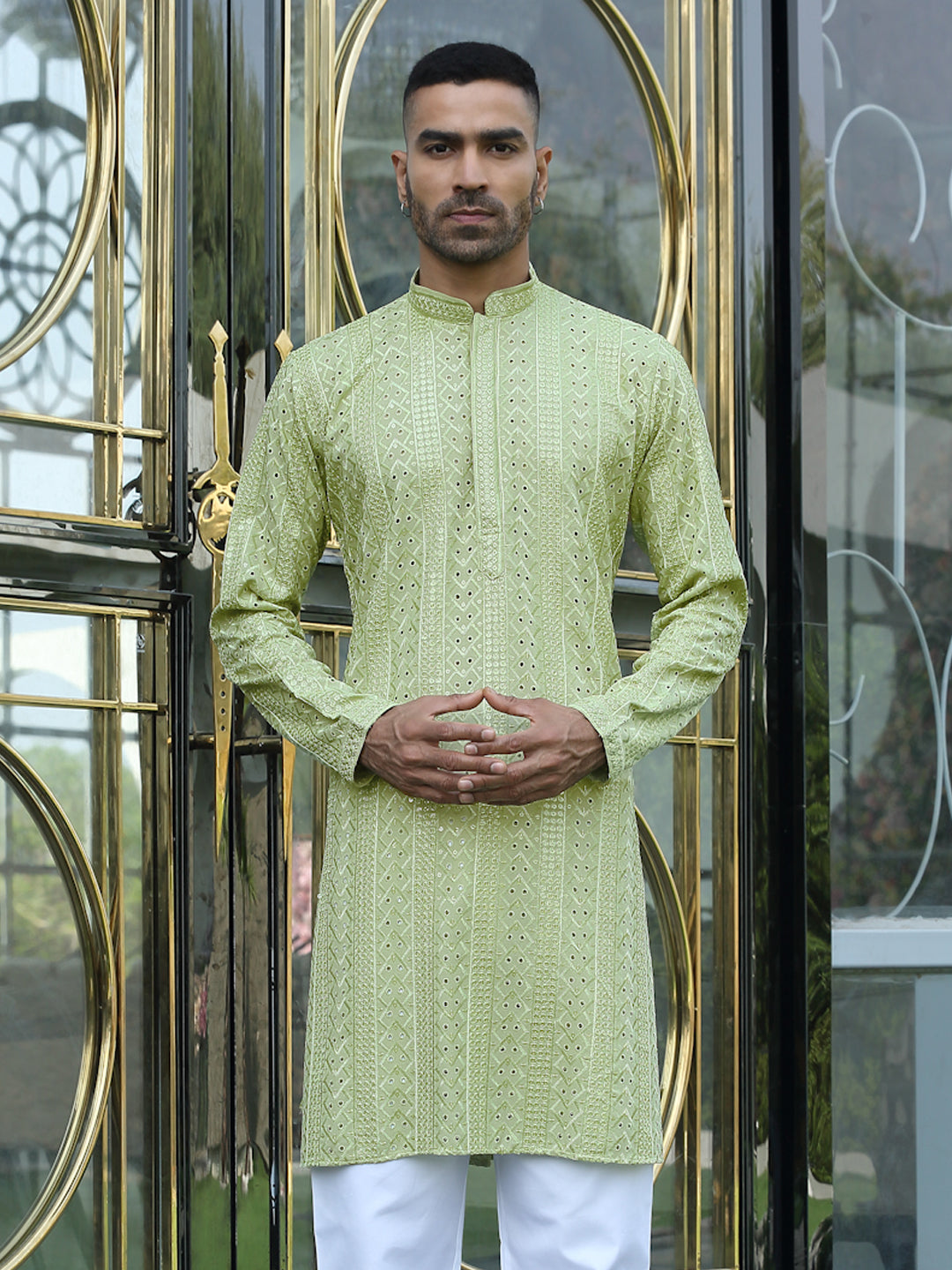 Silk Rayon Ethnic Motifs Embroidered Mandarin Collar Sequinned Kurta
