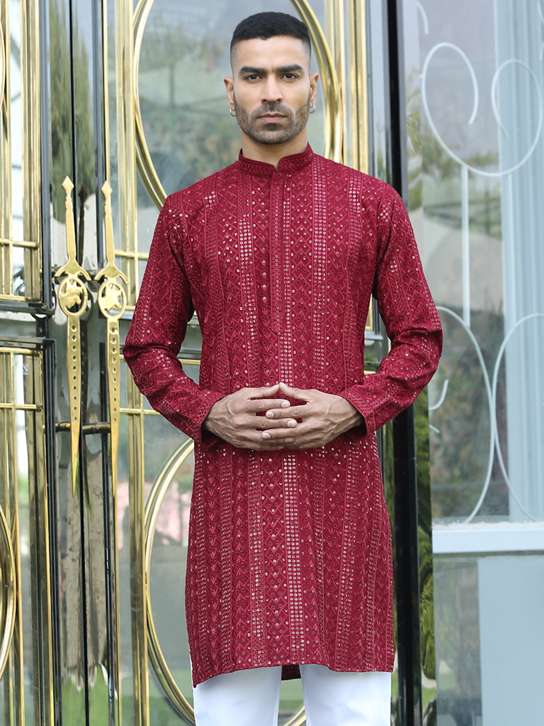Silk Rayon Ethnic Motifs Embroidered Mandarin Collar Sequinned Kurta