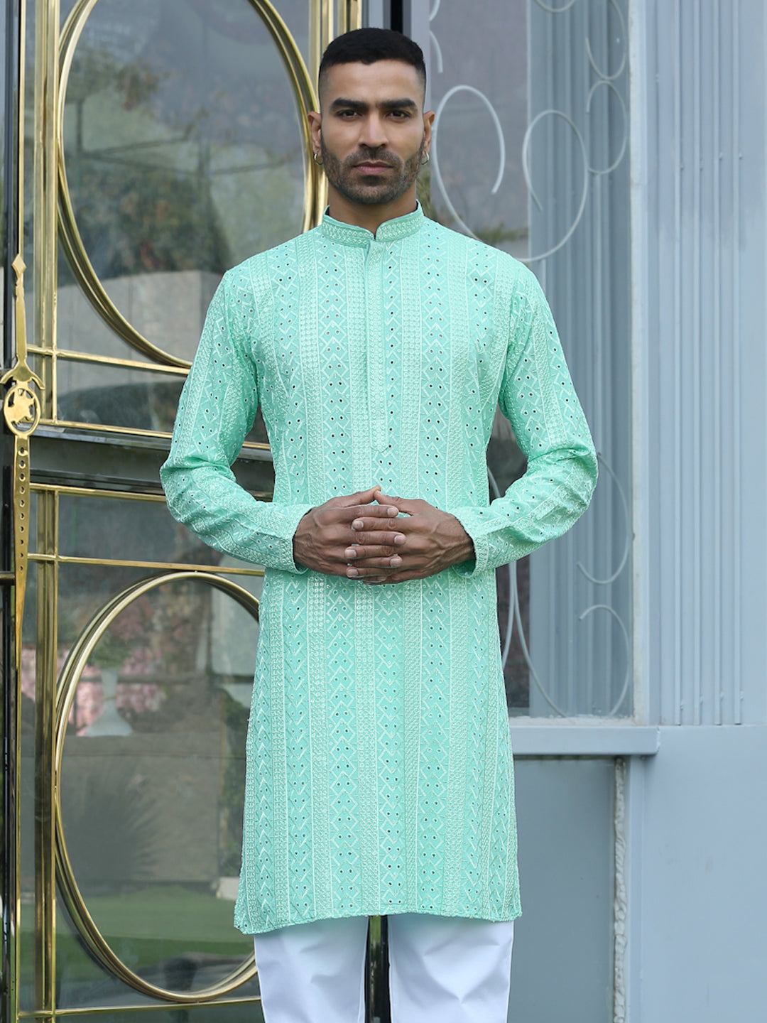 Silk Rayon Ethnic Motifs Embroidered Mandarin Collar Sequinned Kurta