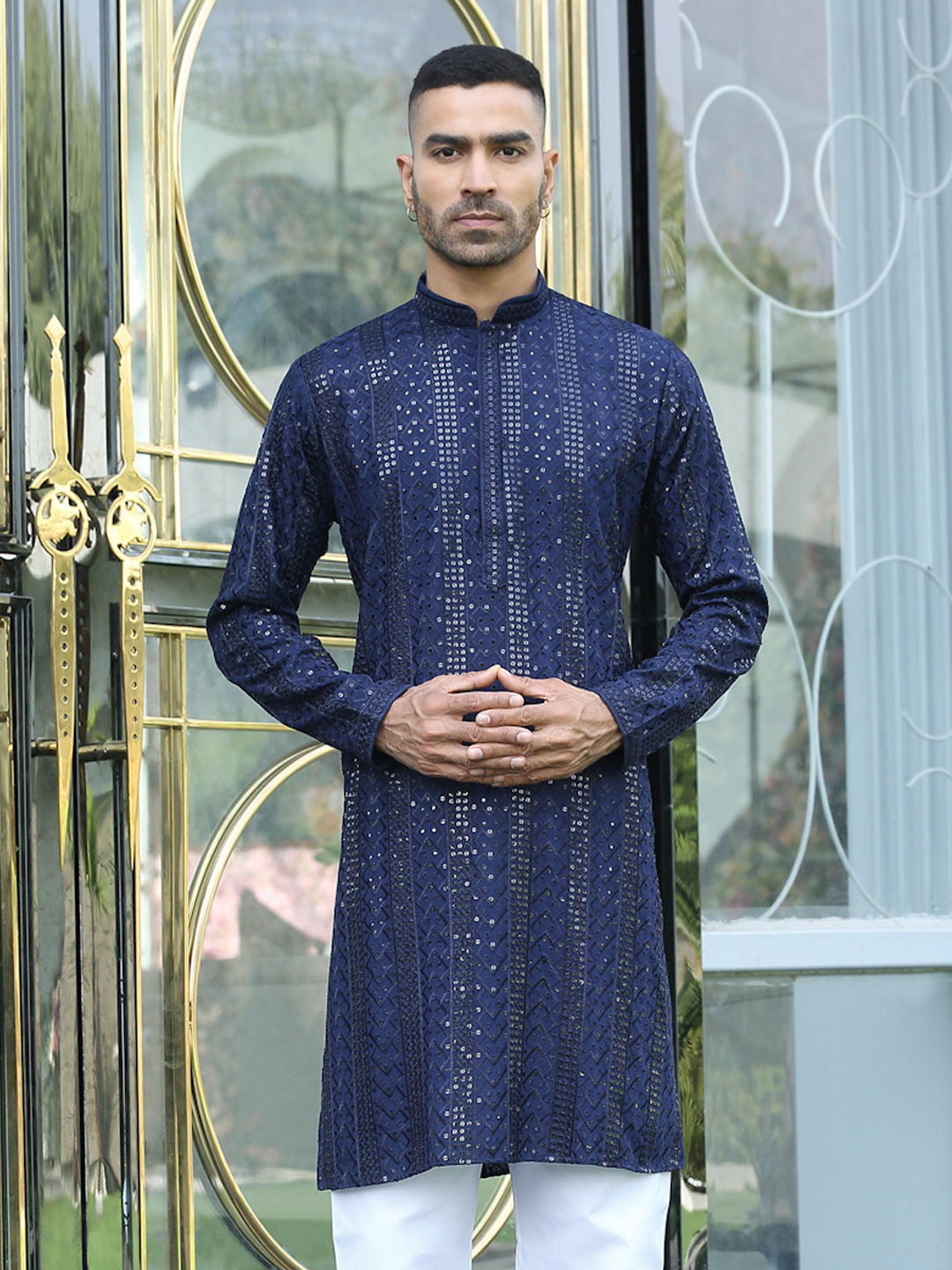 Silk Rayon Ethnic Motifs Embroidered Mandarin Collar Sequinned Kurta
