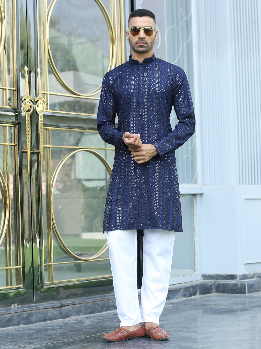 Silk Rayon Ethnic Motifs Embroidered Mandarin Collar Sequinned Kurta with Elastic Waistband White Pyjama
