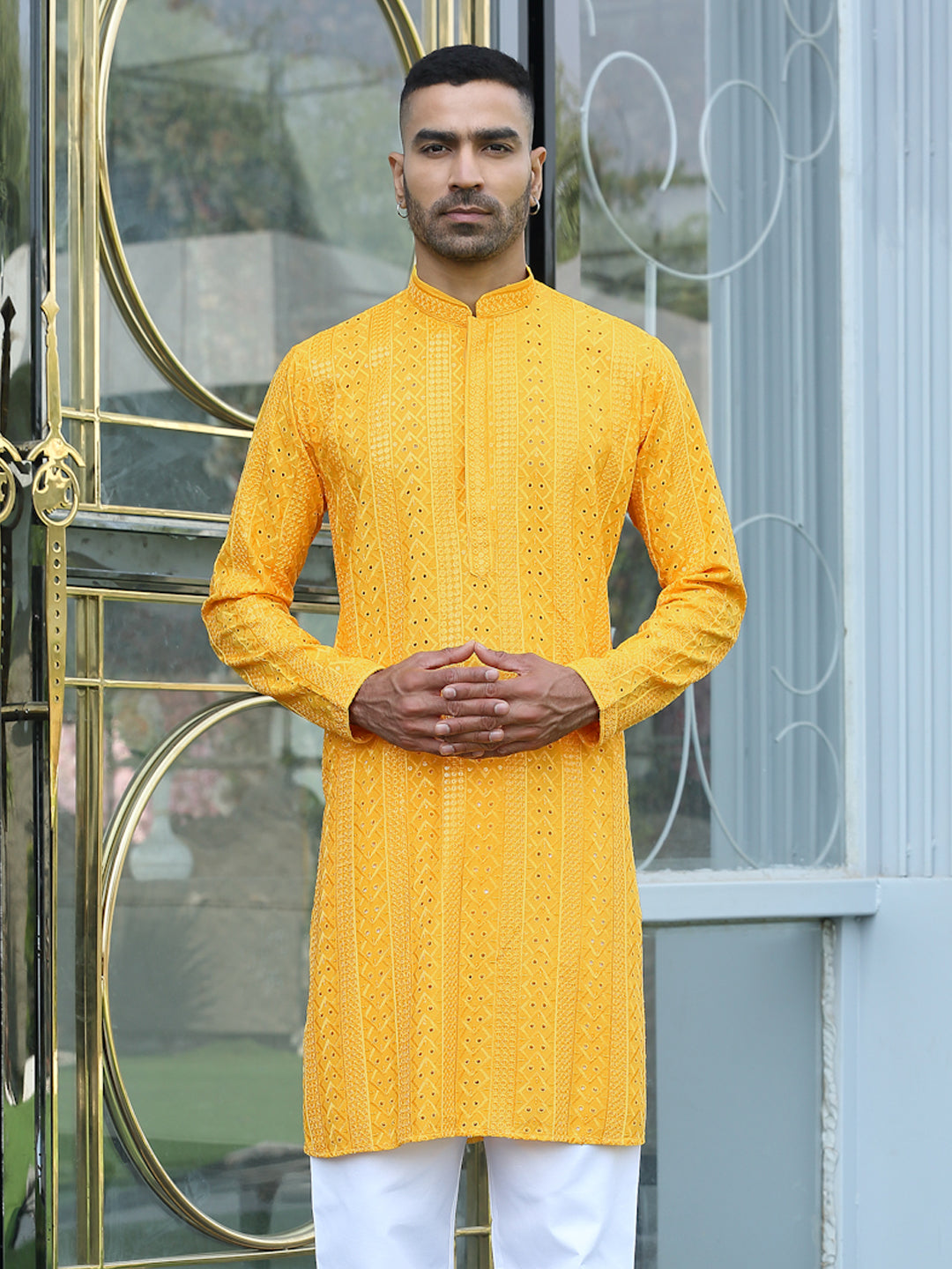 Silk Rayon Ethnic Motifs Embroidered Mandarin Collar Sequinned Kurta