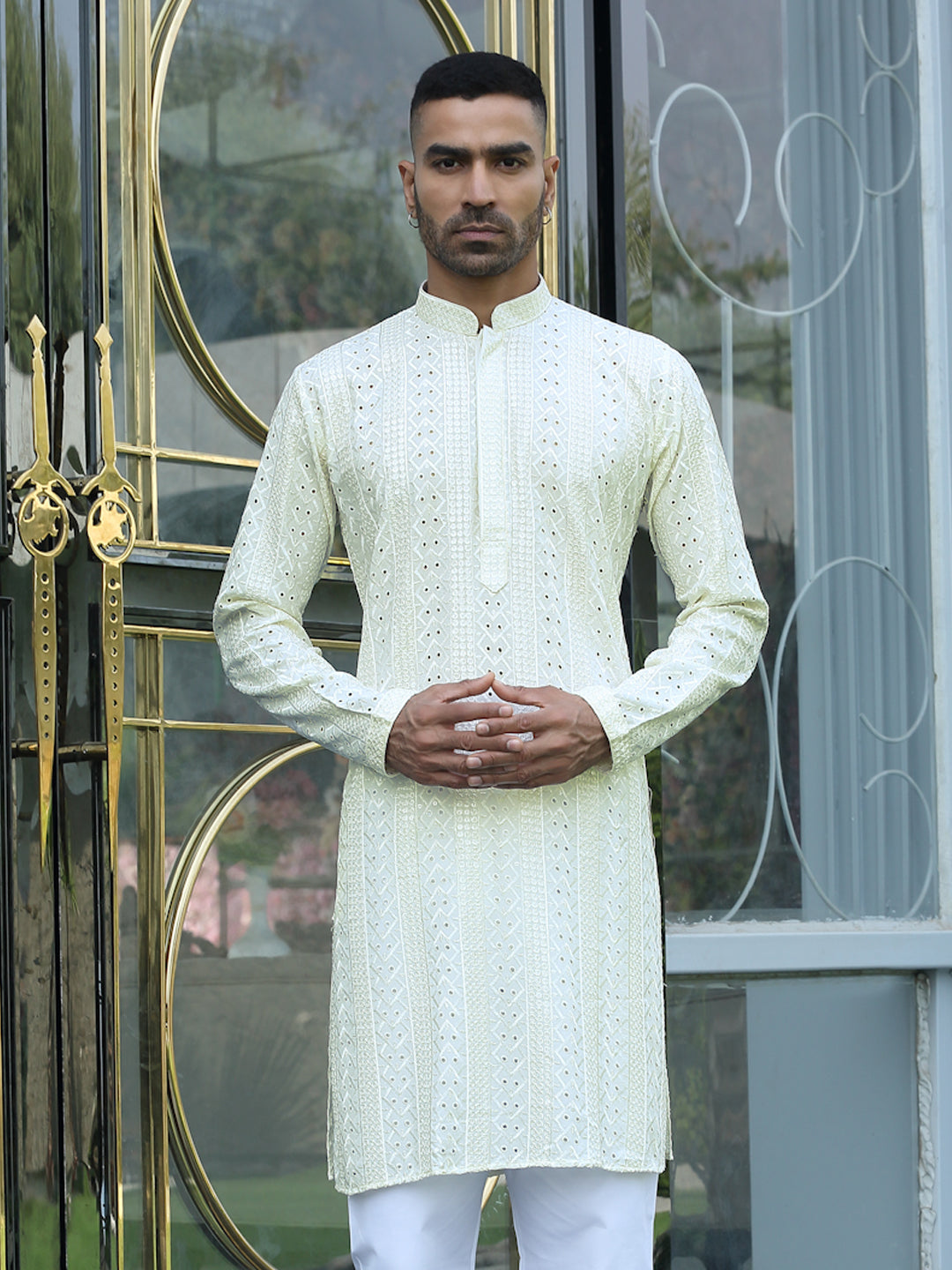 Silk Rayon Ethnic Motifs Embroidered Mandarin Collar Sequinned Kurta