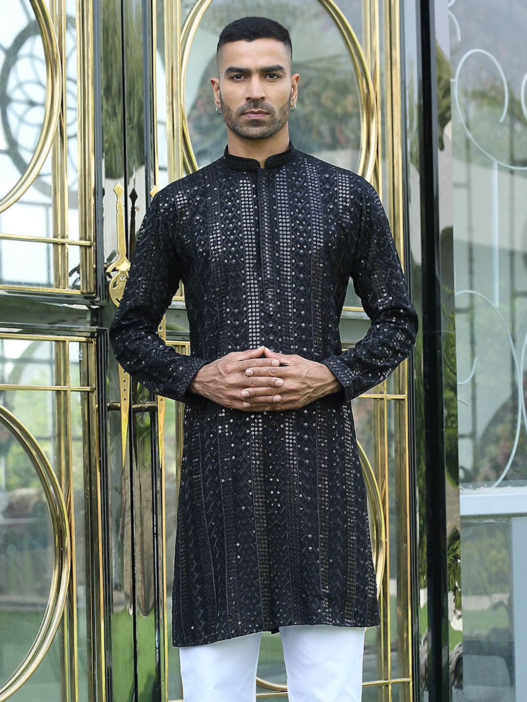 Silk Rayon Ethnic Motifs Embroidered Mandarin Collar Sequinned Kurta