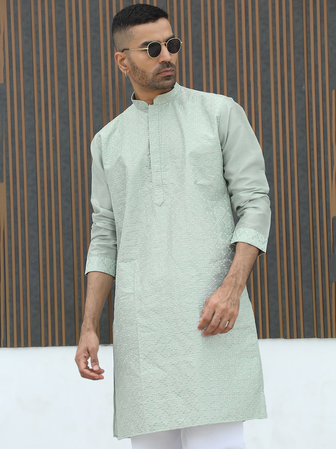 Silk Blend Geometric Embroidered Mandarin Collar Sequinned work Kurta
