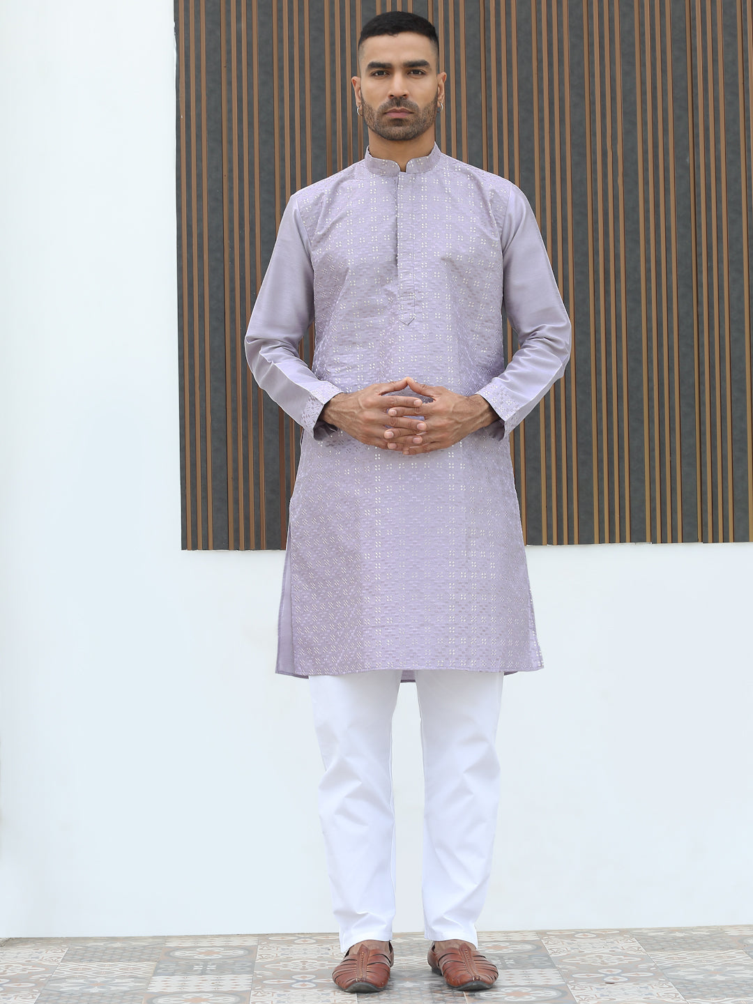 Silk Blend Geometric Embroidered Mandarin Collar Sequinned work Kurta with Elastic Waistband White Pyjama