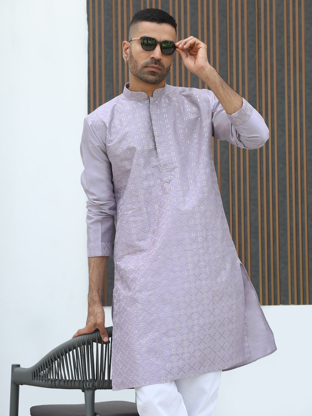 Silk Blend Geometric Embroidered Mandarin Collar Sequinned work Kurta