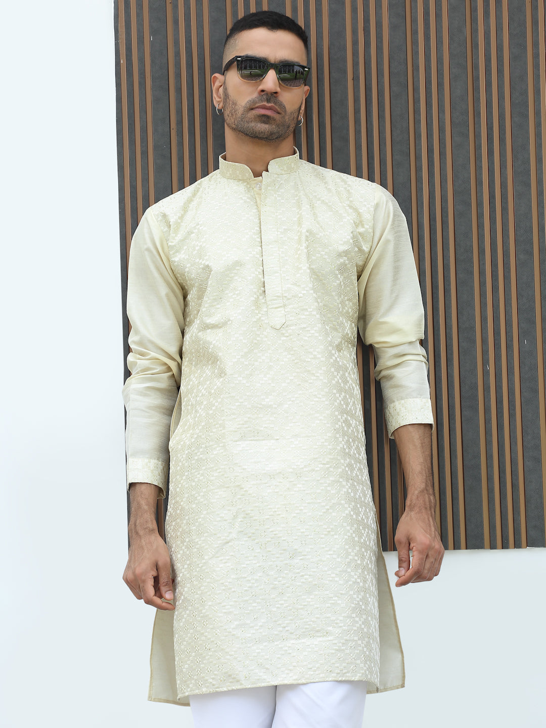 Silk Blend Geometric Embroidered Mandarin Collar Sequinned work Kurta