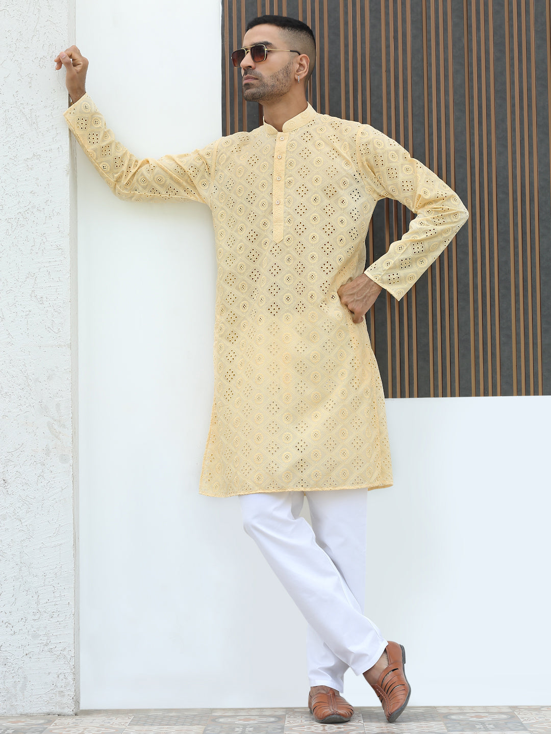 Cotton Blend Chikankari Self Design Embroidered Kurta with elastic Waistband Pyjama set