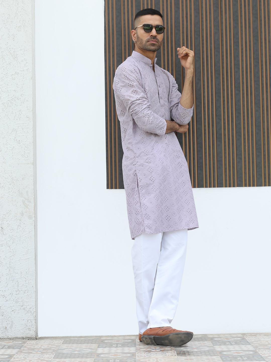 Cotton Blend Chikankari Self Design Embroidered Kurta with elastic Waistband Pyjama set