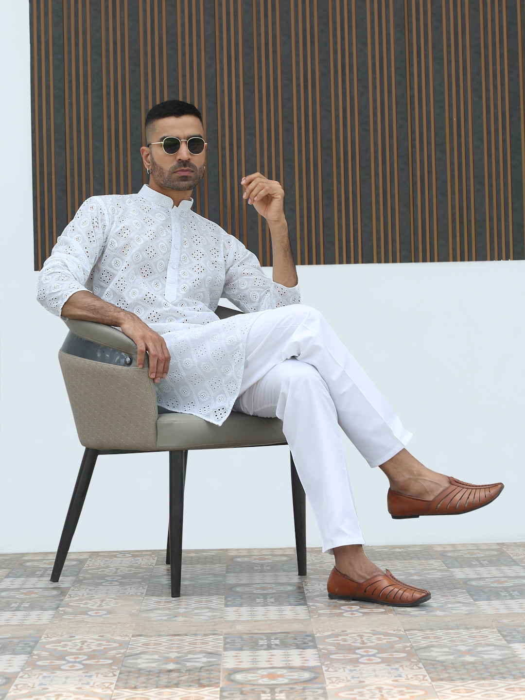 Cotton Blend Chikankari Self Design Embroidered Kurta with elastic Waistband Pyjama set