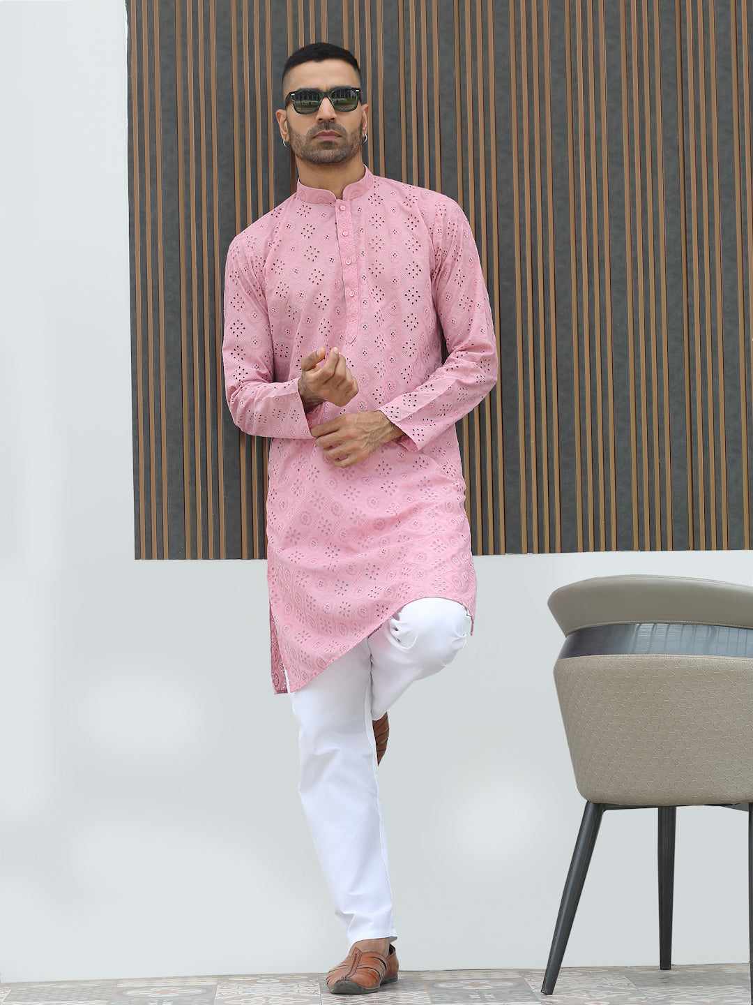 Cotton Blend Chikankari Self Design Embroidered Kurta with elastic Waistband Pyjama set