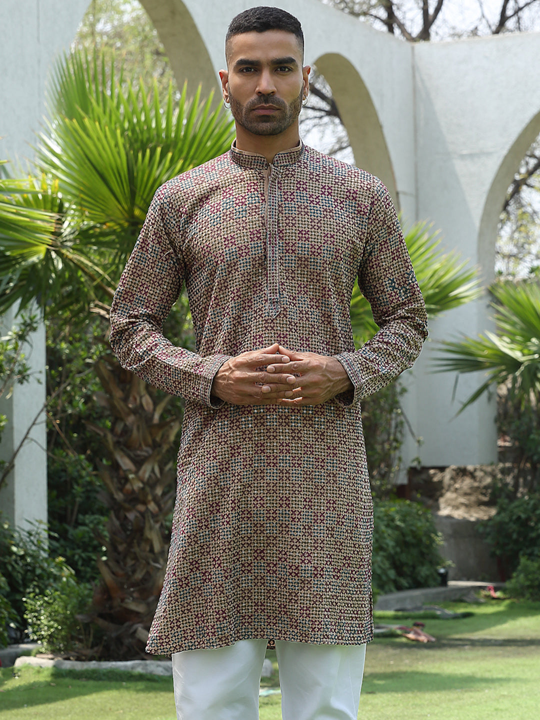 Cotton Rayon Embroidered Mandarin Collar Sequinned Kurta