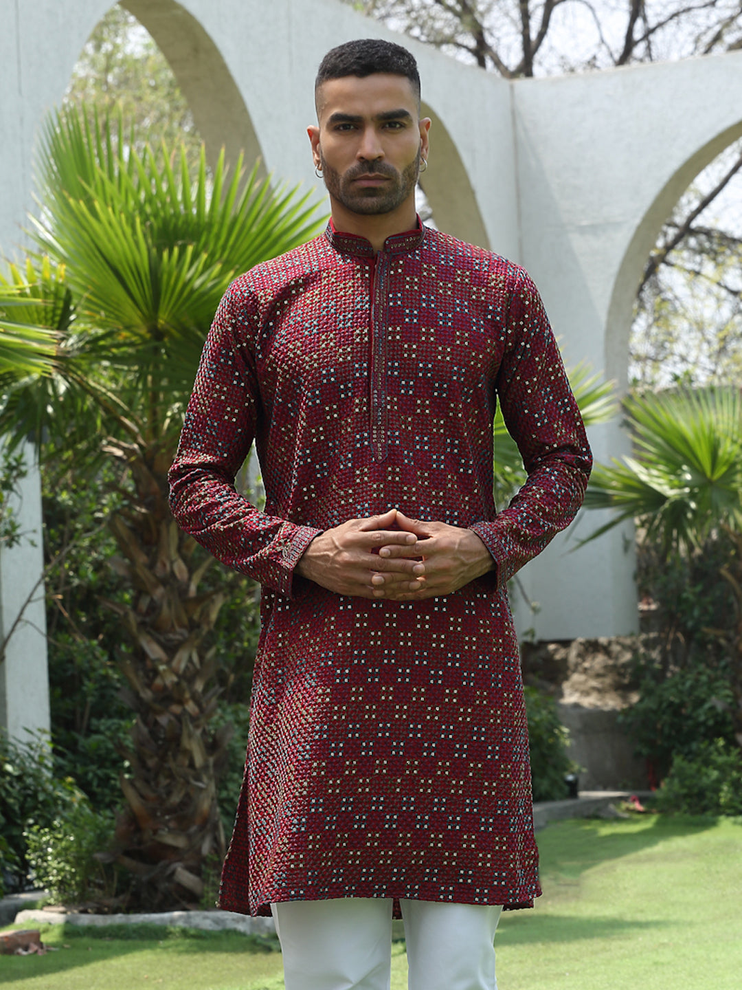 Cotton Rayon Embroidered Mandarin Collar Sequinned Kurta