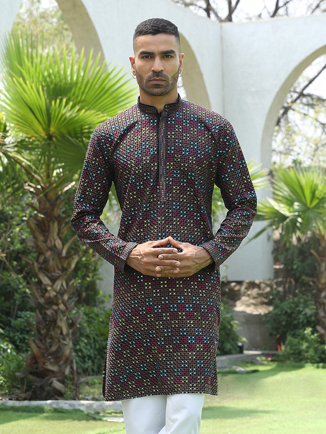 Cotton Rayon Embroidered Mandarin Collar Sequinned Kurta