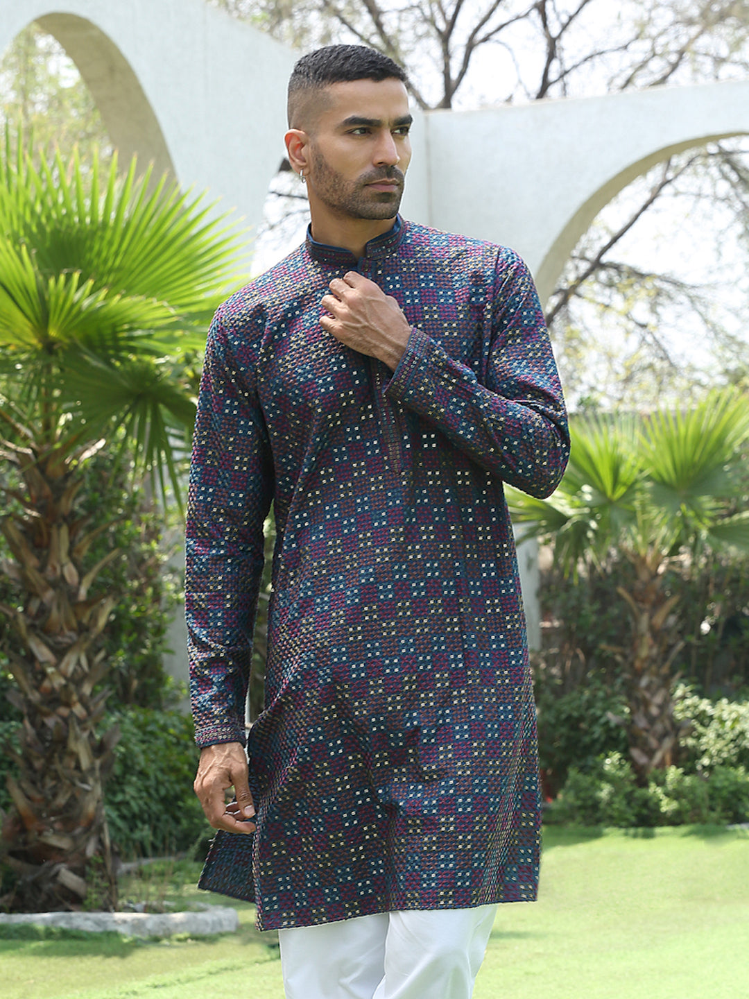 Cotton Rayon Embroidered Mandarin Collar Sequinned Kurta