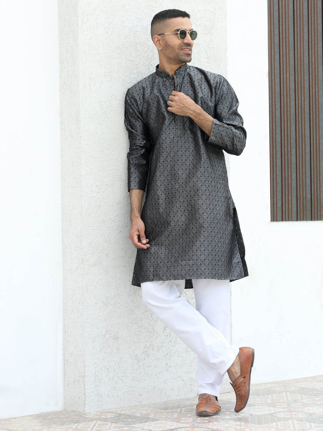 Silk Jacquard Self Design Kurta with elastic Waistband Pyjama set