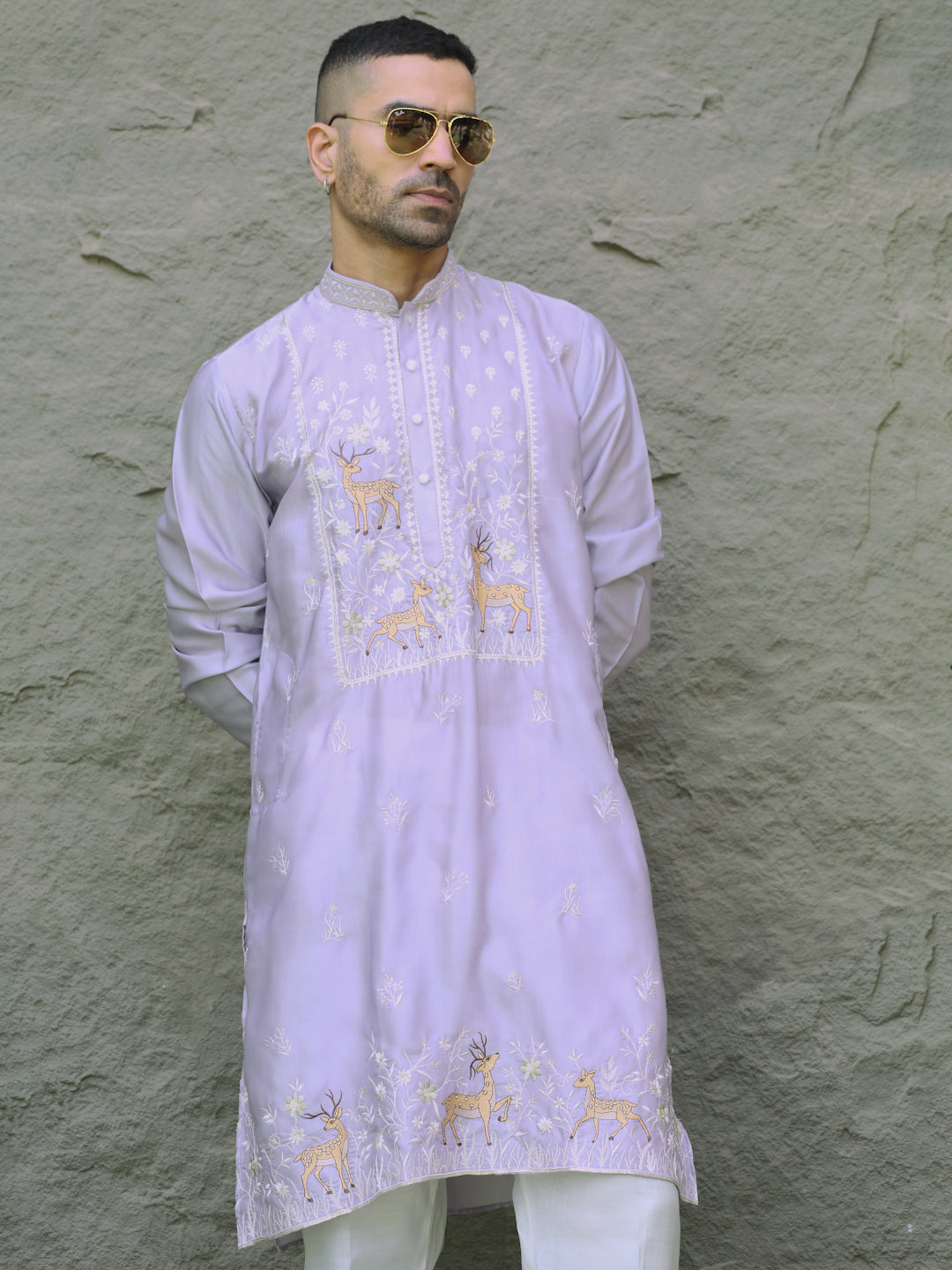 LUXE- Cotton Silk Deer Motif and Mandarin Collar Embroidered Kurta