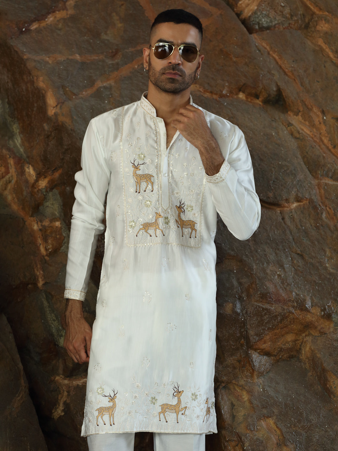 LUXE- Cotton Silk Deer Motif and Mandarin Collar Embroidered Kurta