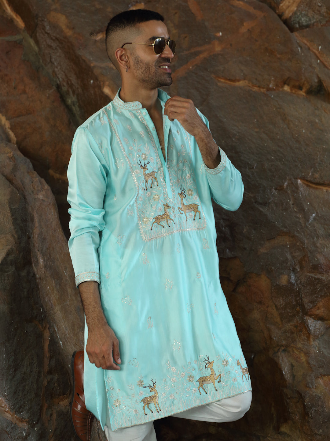 LUXE- Cotton Silk Deer Motif and Mandarin Collar Embroidered Kurta