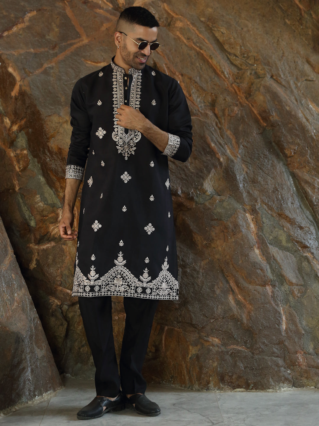 LUXE- Cotton Silk Embroidered Sequin Yoke & Daman Work Kurta with Matching Cotton Silk Trouser Pant