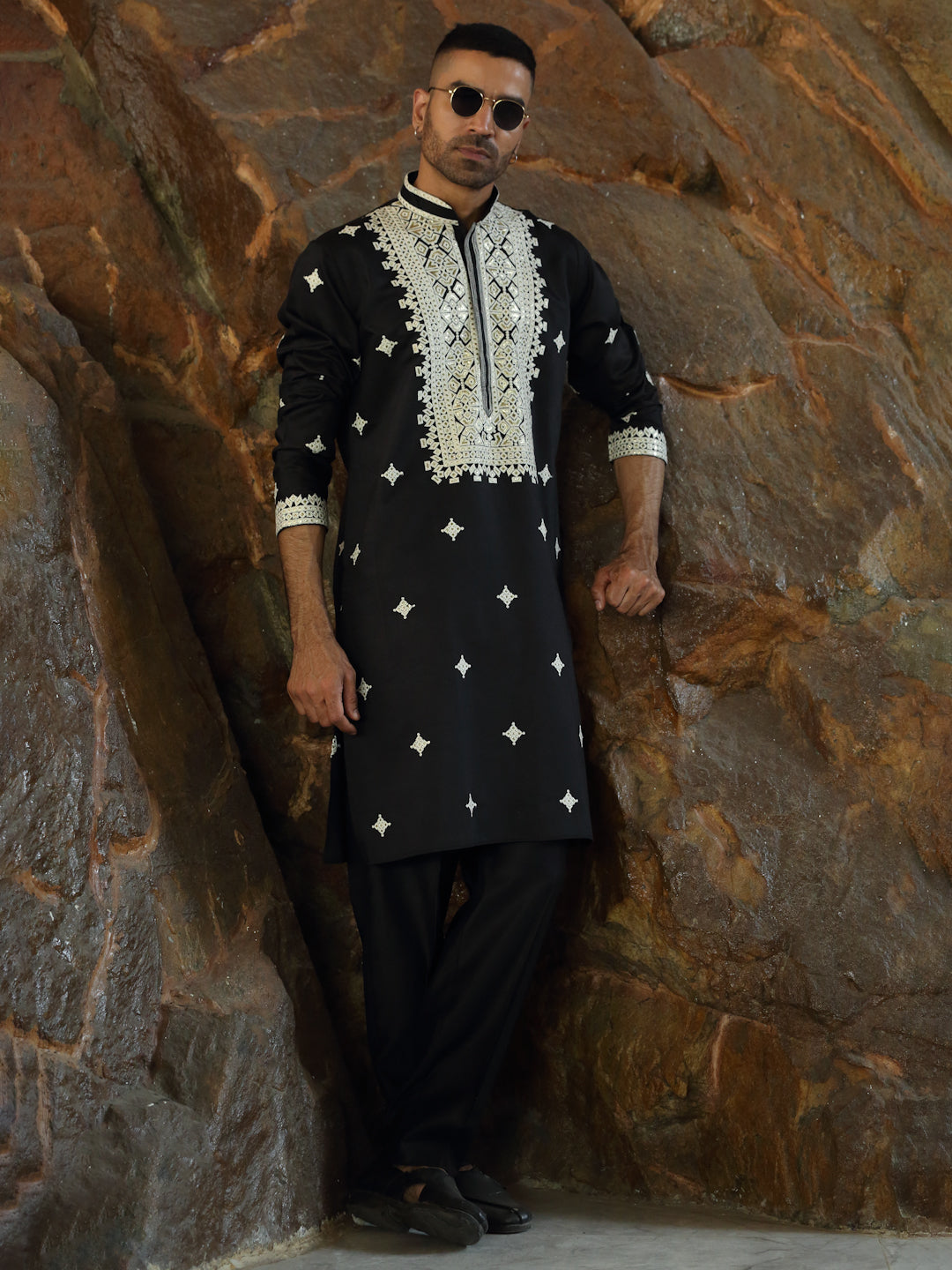 LUXE- Cotton Silk Embroidered Sequine Yoke Design Kurta with Matching Cotton Silk Trouser Pant