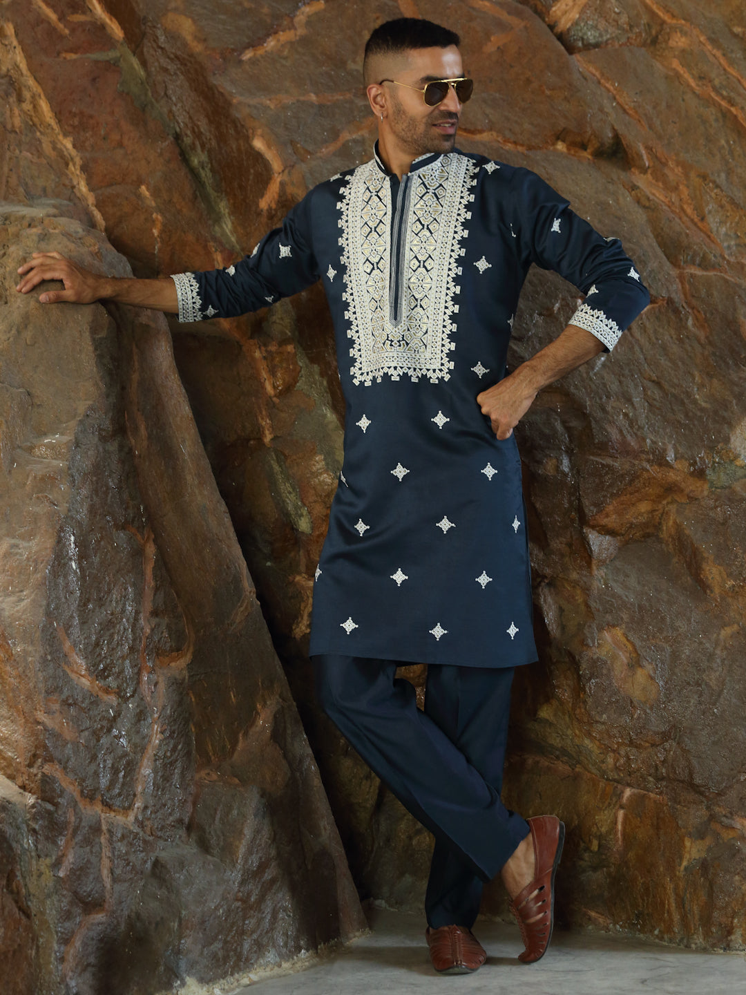 LUXE- Cotton Silk Embroidered Sequine Yoke Design Kurta with Matching Cotton Silk Trouser Pant