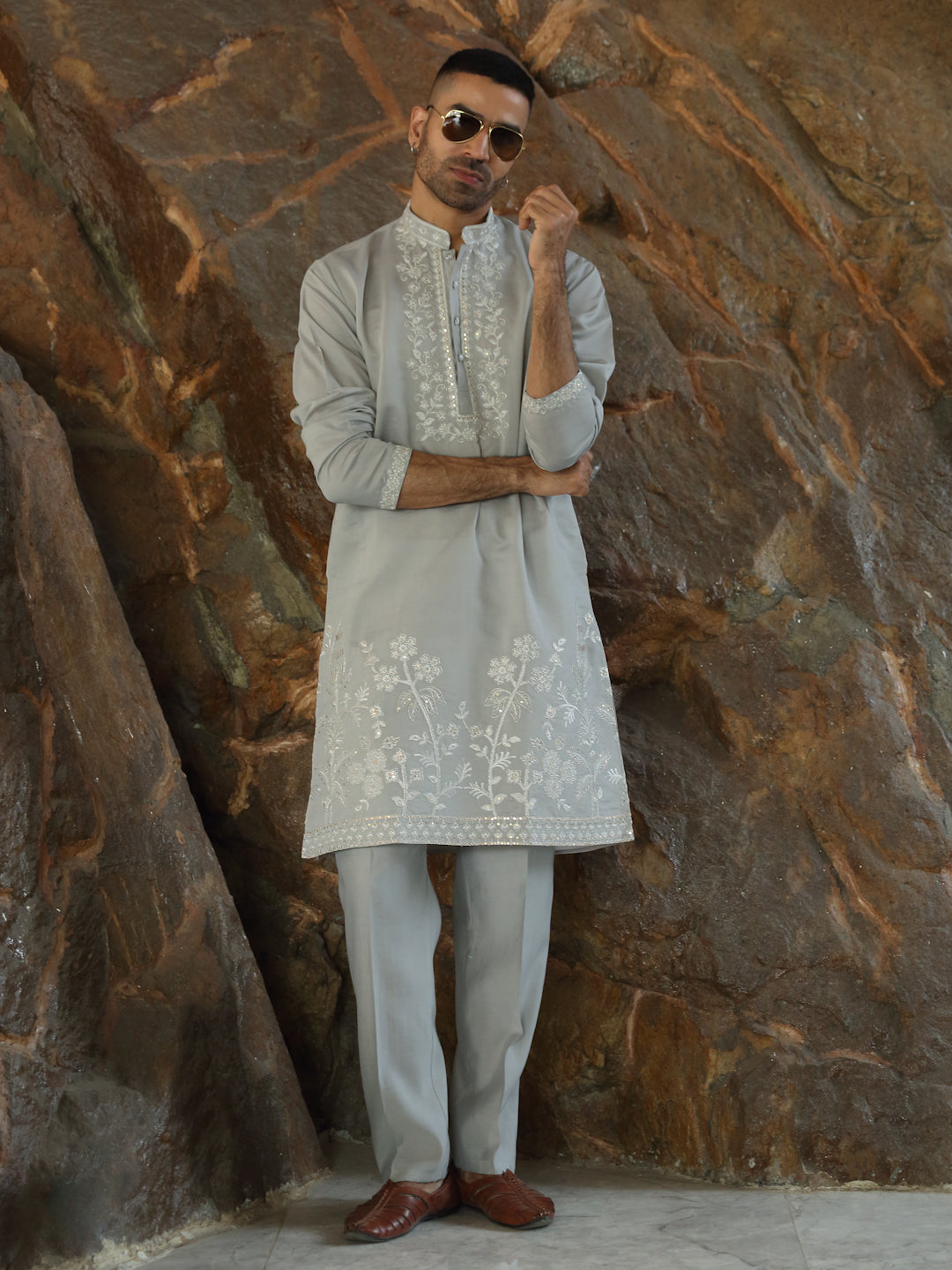 LUXE- Cotton Silk Embroidered Yoke & Daman Work Kurta with Matching Cotton Silk Trouser Pant