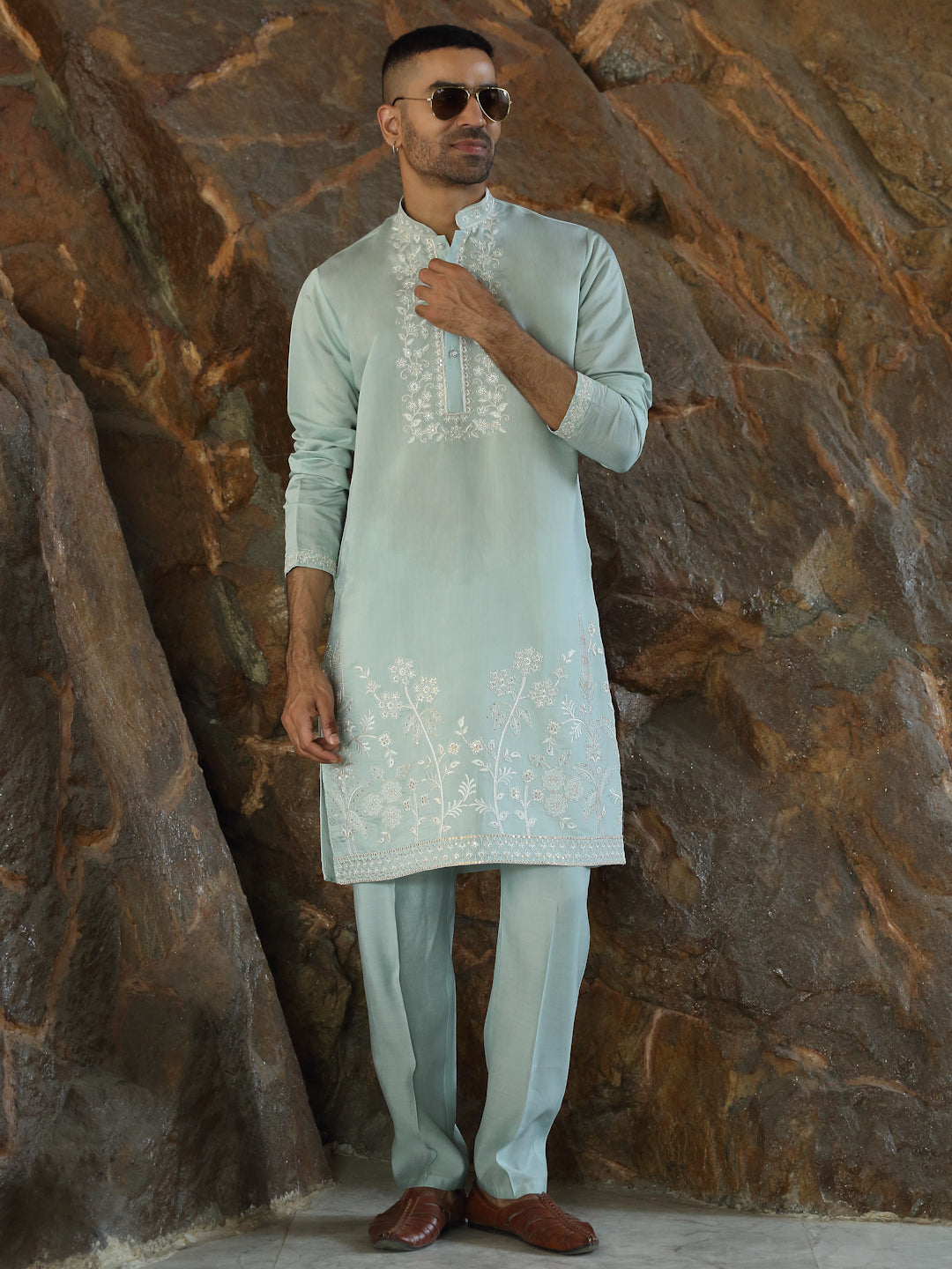 LUXE- Cotton Silk Embroidered Yoke & Daman Work Kurta with Matching Cotton Silk Trouser Pant