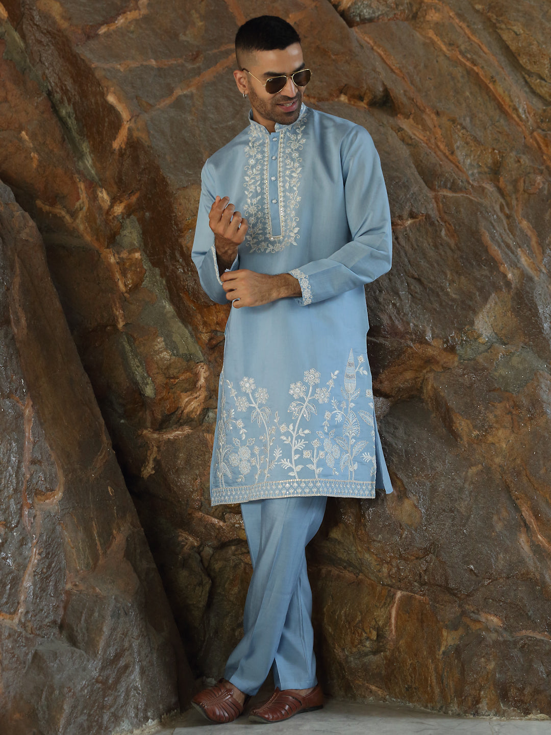 LUXE- Cotton Silk Embroidered Yoke & Daman Work Kurta with Matching Cotton Silk Trouser Pant