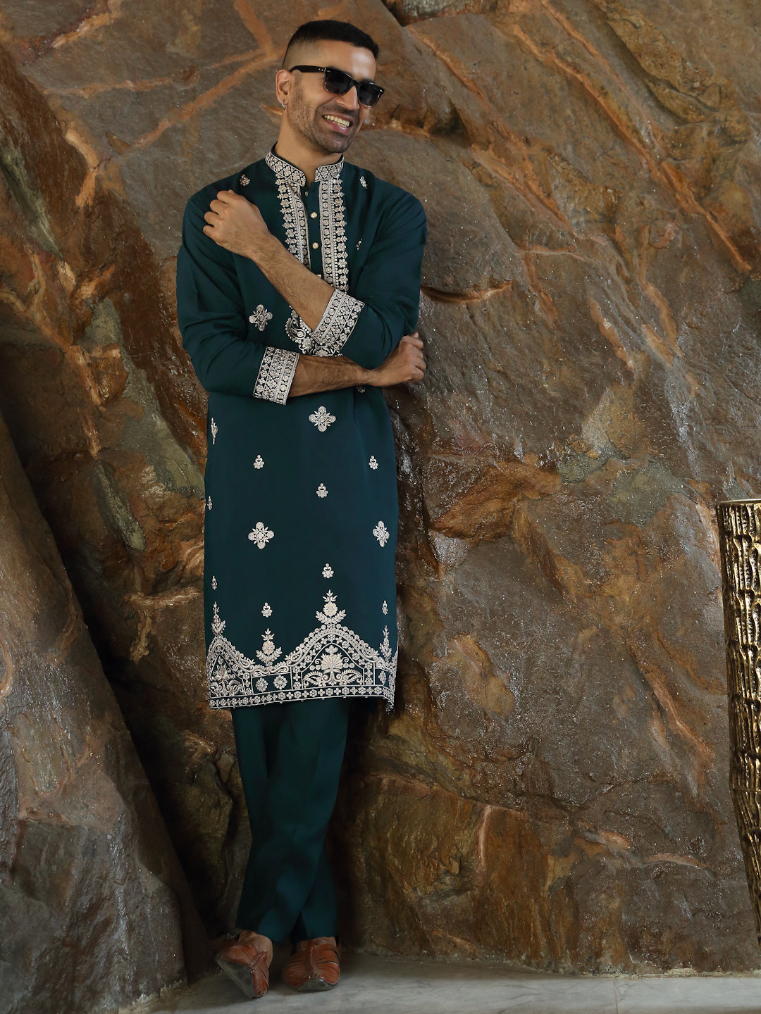 LUXE- Cotton Silk Embroidered Sequin Yoke & Daman Work Kurta with Matching Cotton Silk Trouser Pant