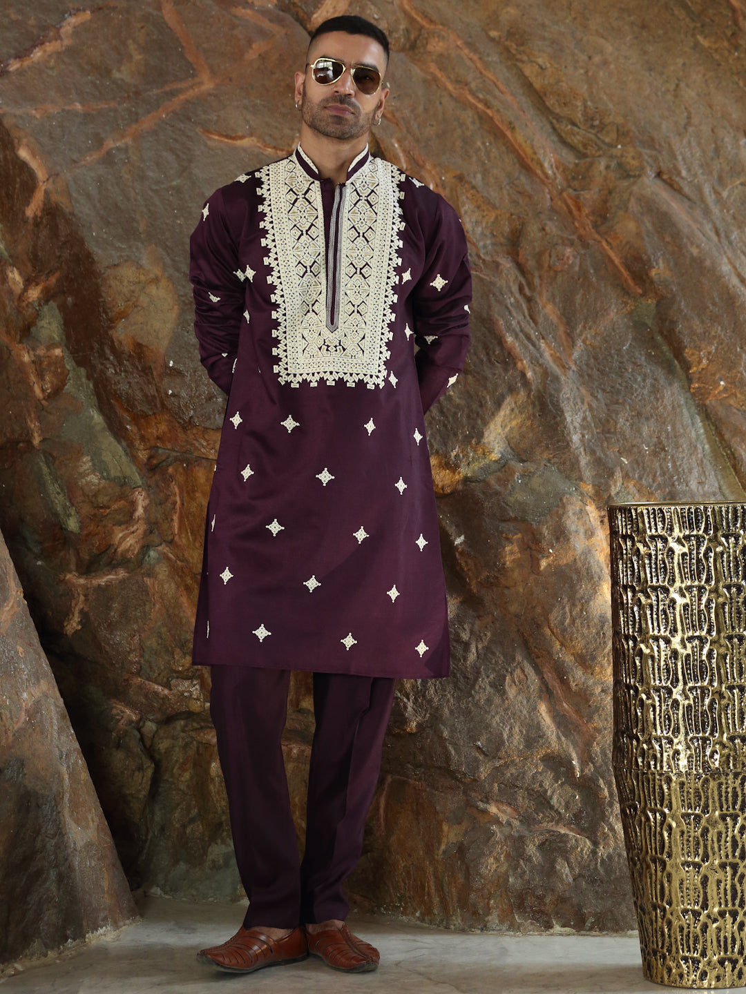 LUXE- Cotton Silk Embroidered Sequine Yoke Design Kurta with Matching Cotton Silk Trouser Pant