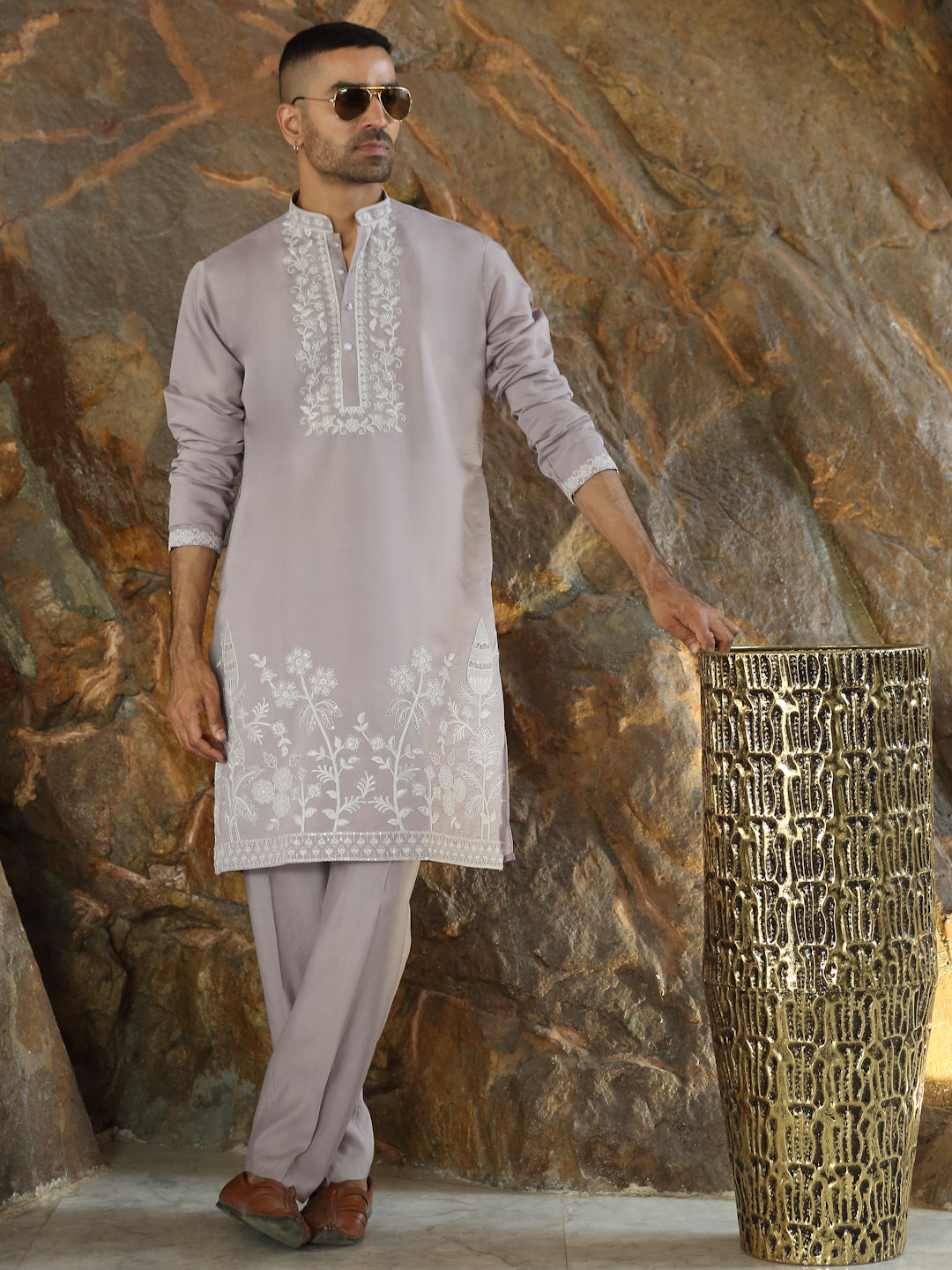 LUXE- Cotton Silk Embroidered Yoke & Daman Work Kurta with Matching Cotton Silk Trouser Pant