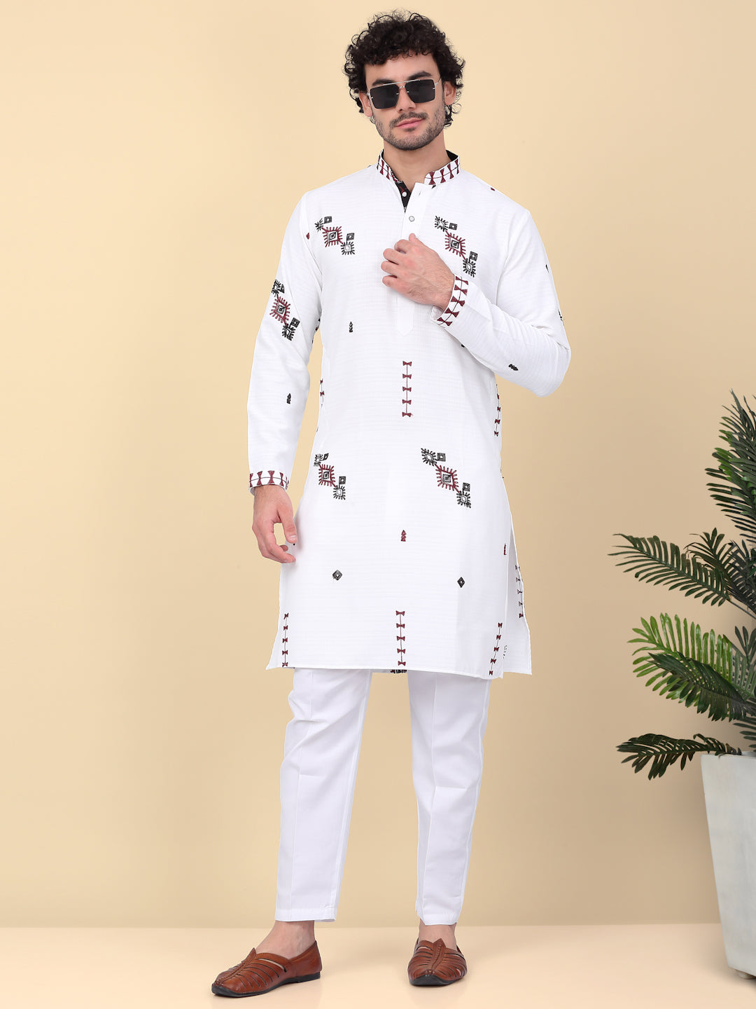 LUXE - Linen Ethnic Motif Embroidered Regular Straight Kurta With Elastic Waistband White Trouser Pant