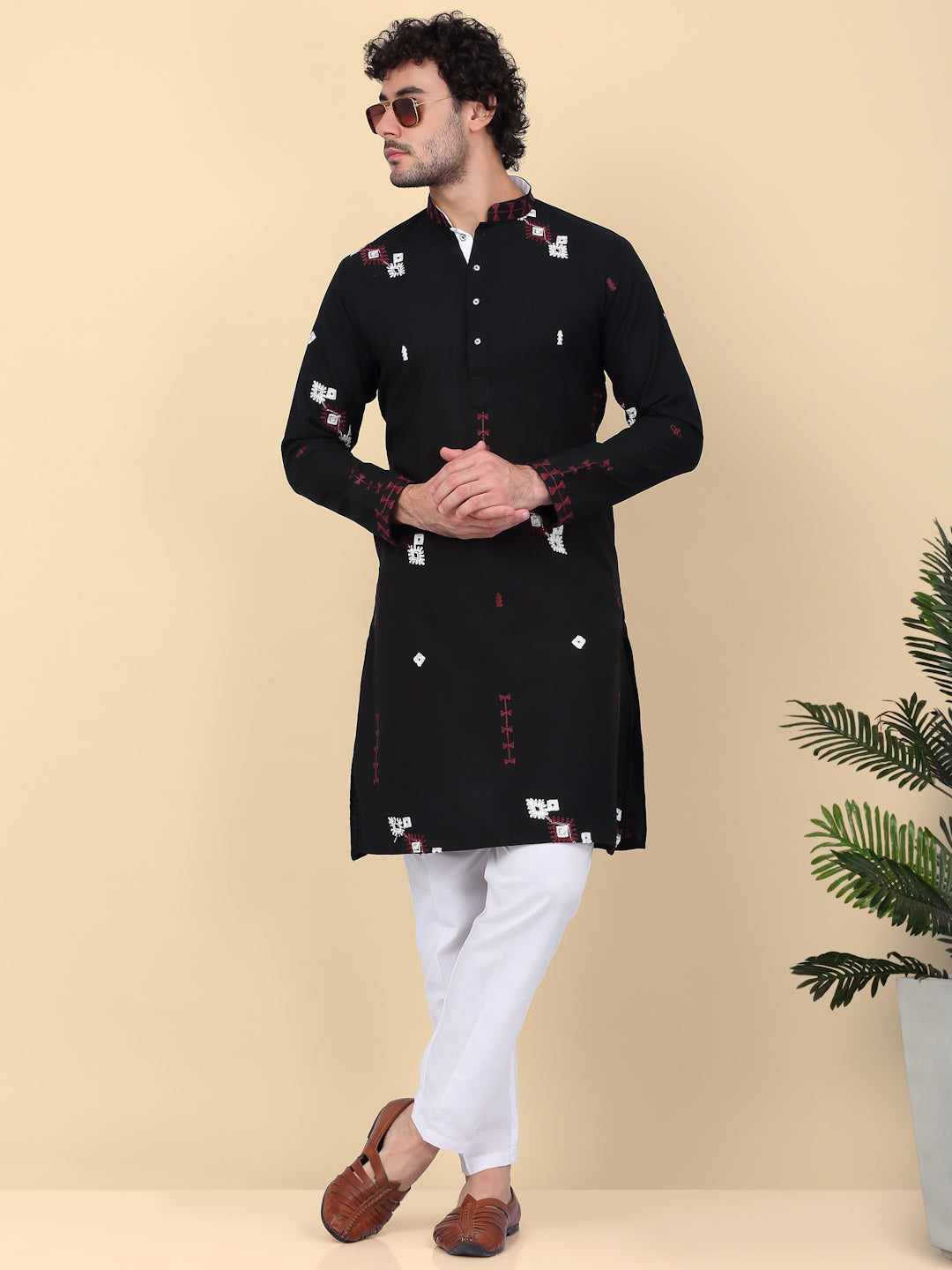 LUXE - Linen Ethnic Motif Embroidered Regular Straight Kurta With Elastic Waistband White Trouser Pant