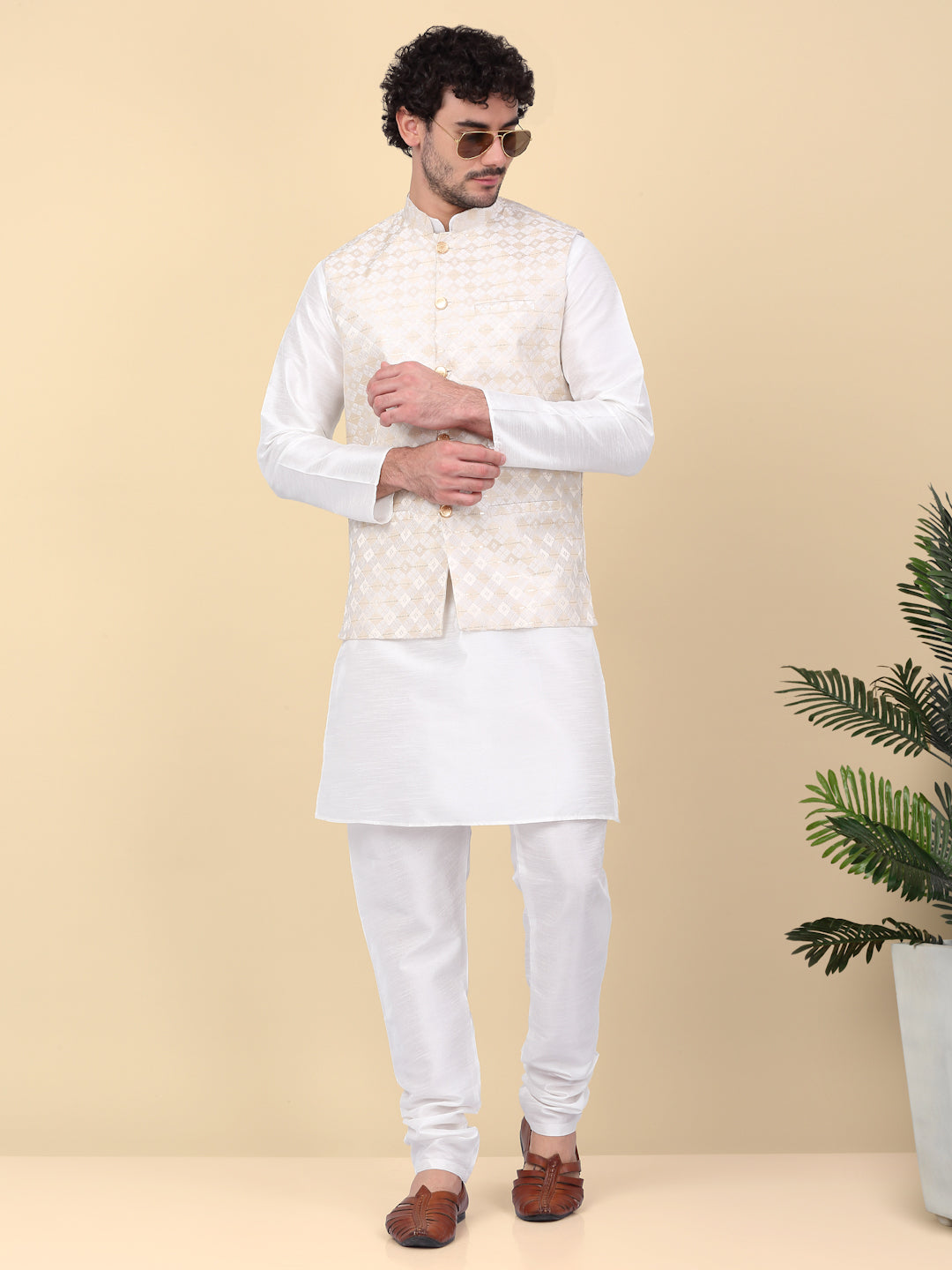 KRAFT INDIA Men's Silk Blend Solid Knee Length Cream Kurta Churidar With Jacquard Sequins Nehru Jacket Set