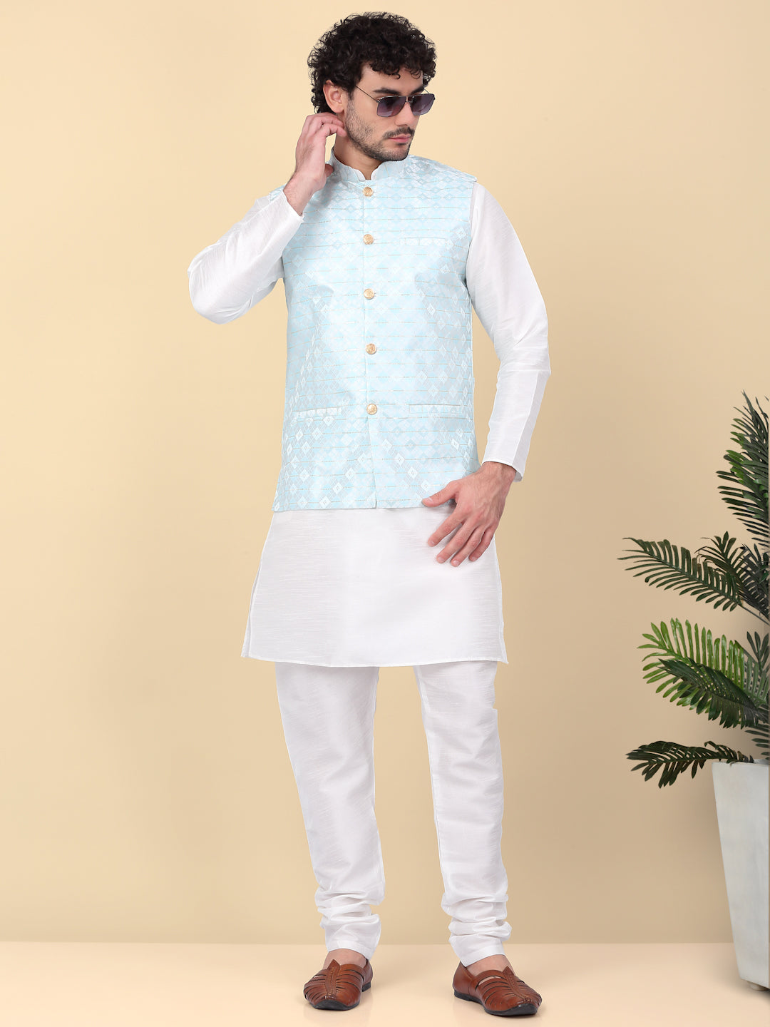 KRAFT INDIA Men's Silk Blend Solid Knee Length Cream Kurta Churidar With Jacquard Sequins Nehru Jacket Set