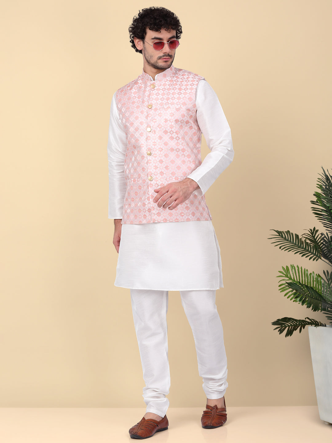 KRAFT INDIA Men's Silk Blend Solid Knee Length Cream Kurta Churidar With Jacquard Sequins Nehru Jacket Set