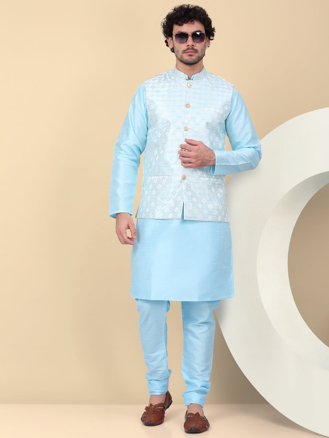 KRAFT INDIA Men's Silk Blend Solid Knee Length Cream Kurta Churidar With Jacquard Sequins Nehru Jacket Set
