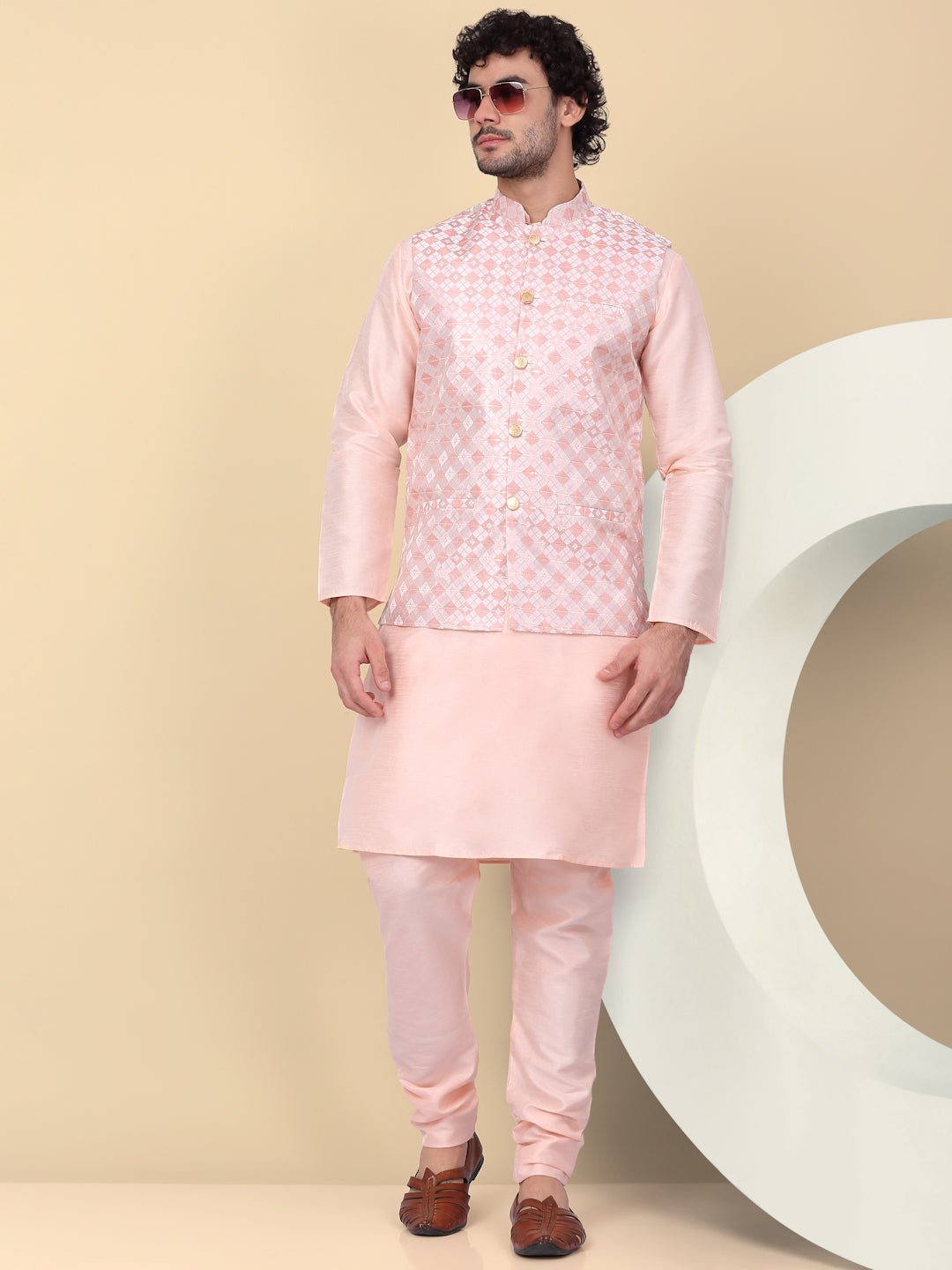 KRAFT INDIA Men's Silk Blend Solid Knee Length Cream Kurta Churidar With Jacquard Sequins Nehru Jacket Set